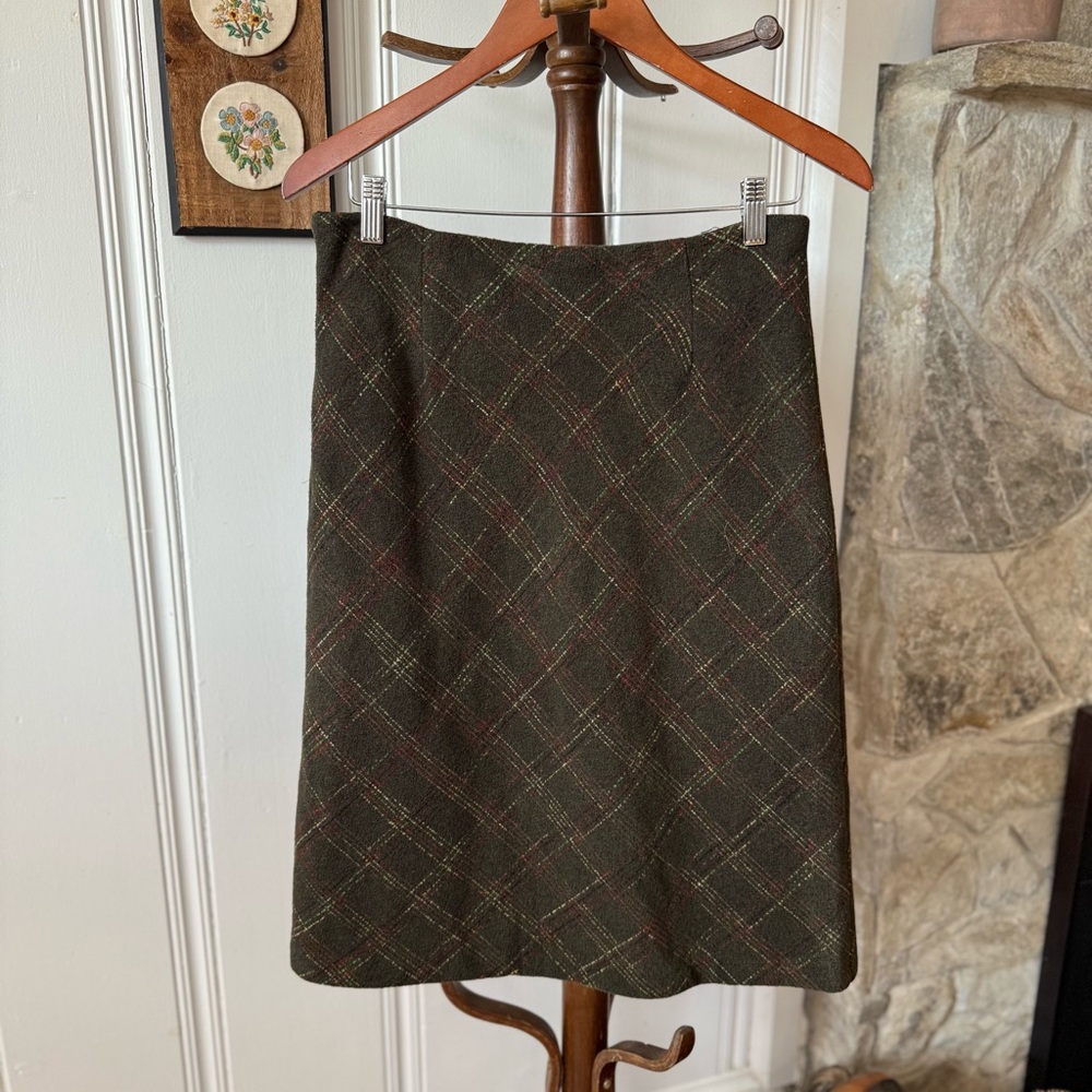 Vintage Wool Dark Green Grid Plaid Shin Length Aline Skirt size 10 medium
